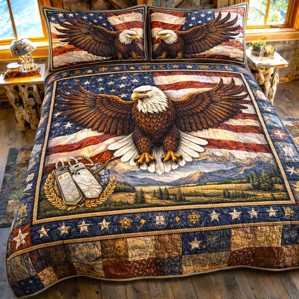 Freedom Pride quilted 3-piece bedding set on a made bed in a warmly lit bedroom