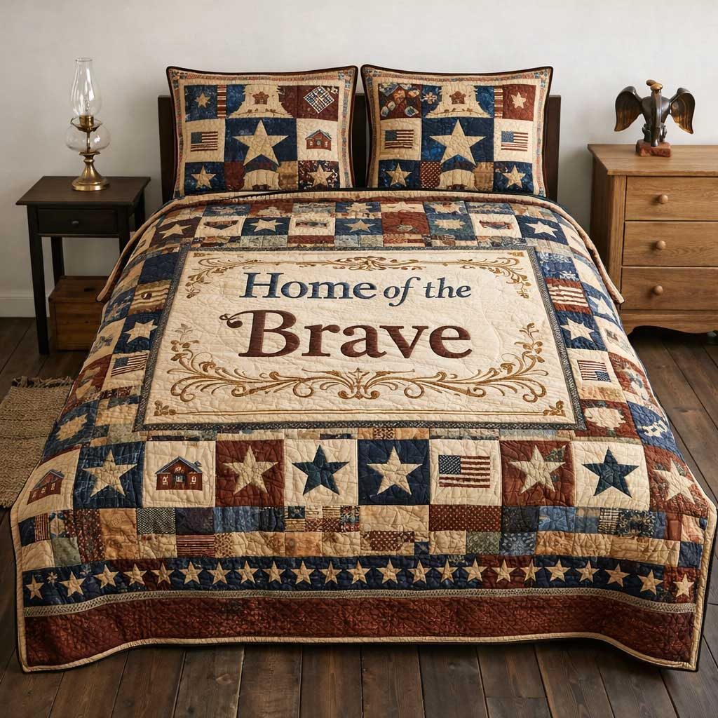 Freedom Pride quilted 3-piece bedding set on a made bed in a warmly lit bedroom