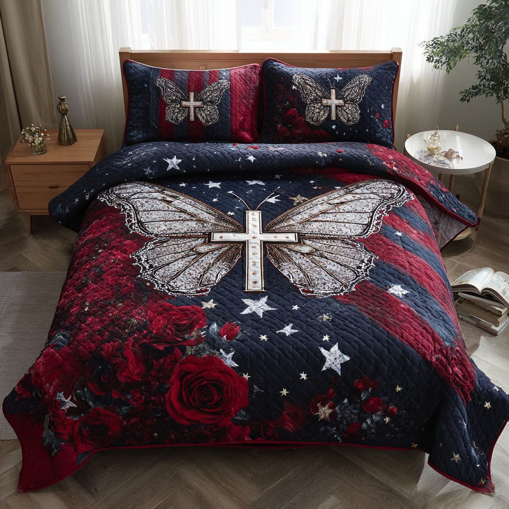 Freedom Quilt quilted 3-piece bedding set on a made bed in a warmly lit bedroom