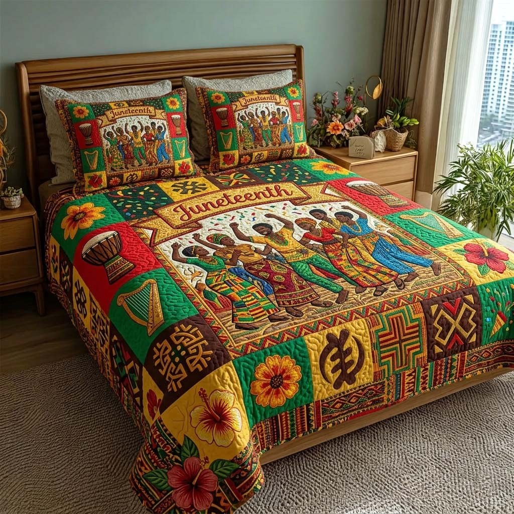 Freedom Rhythm quilted 3-piece bedding set on a made bed in a warmly lit bedroom