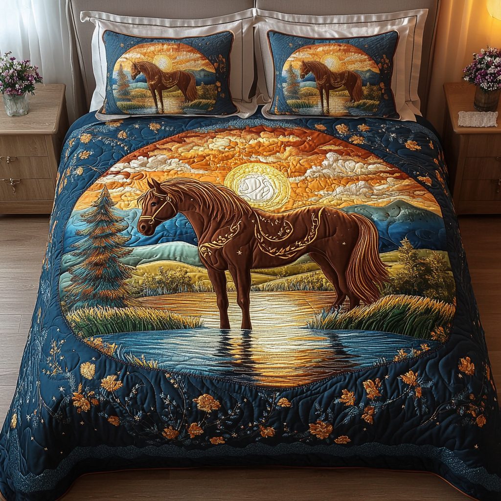 Freedom Rider quilted 3-piece bedding set on a made bed in a warmly lit bedroom