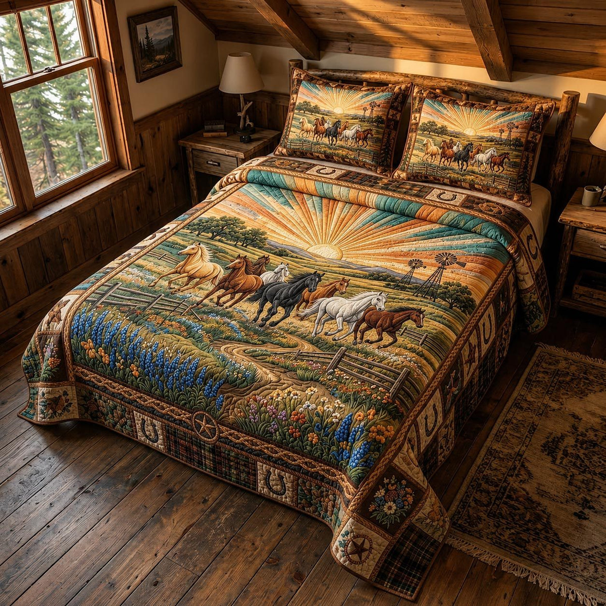 Freedom Run quilted 3-piece bedding set on a made bed in a warmly lit bedroom