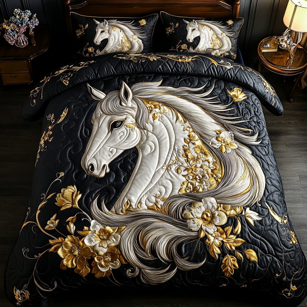 Freedom Run quilted 3-piece bedding set on a made bed in a warmly lit bedroom