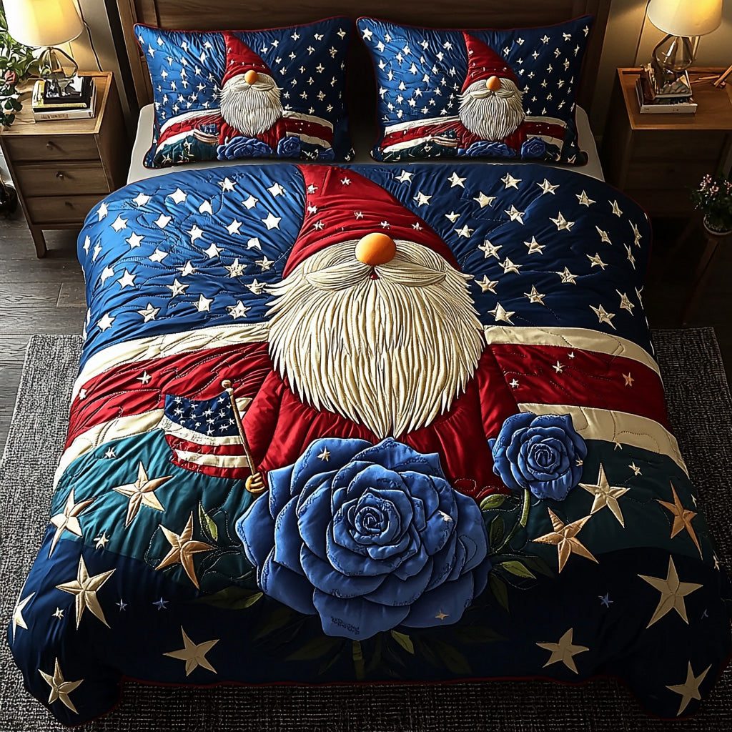 Freedom Sleep quilted 3-piece bedding set on a made bed in a warmly lit bedroom