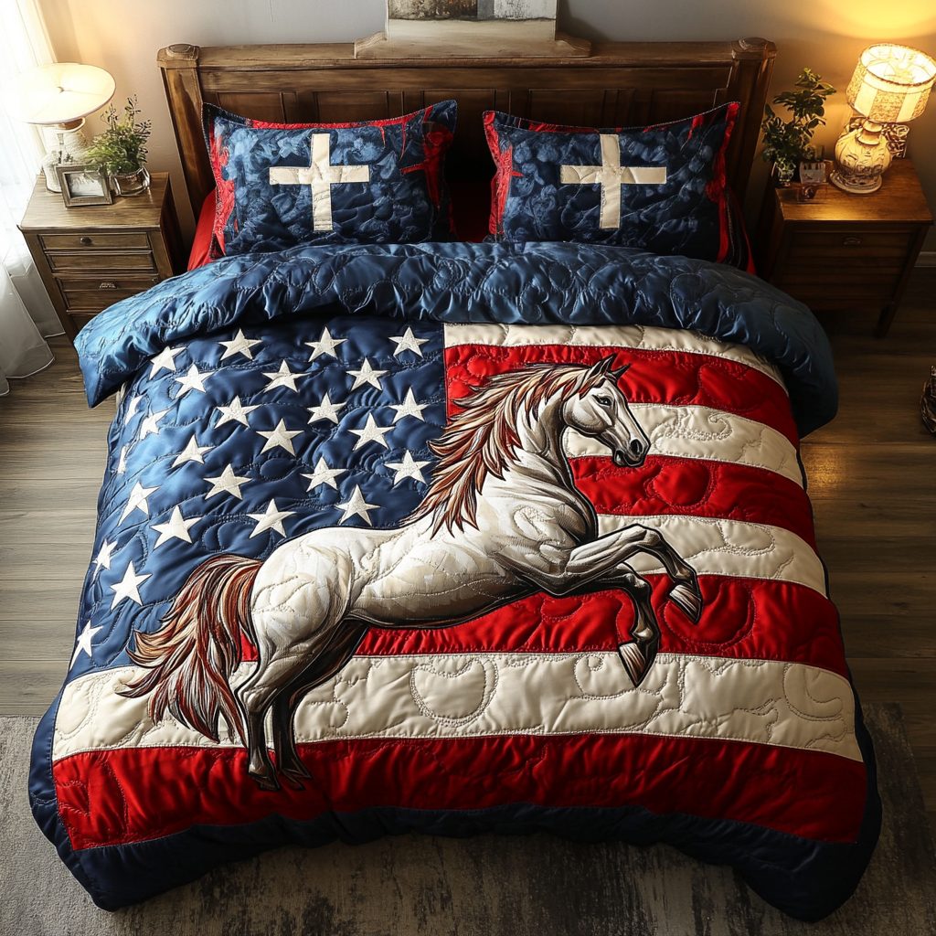 Freedom Spirit quilted 3-piece bedding set on a made bed in a warmly lit bedroom