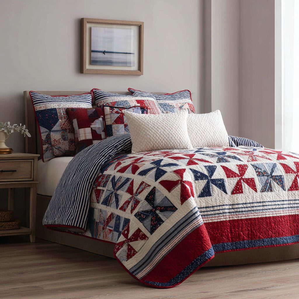 Freedom Spirit quilted 3-piece bedding set on a made bed in a warmly lit bedroom