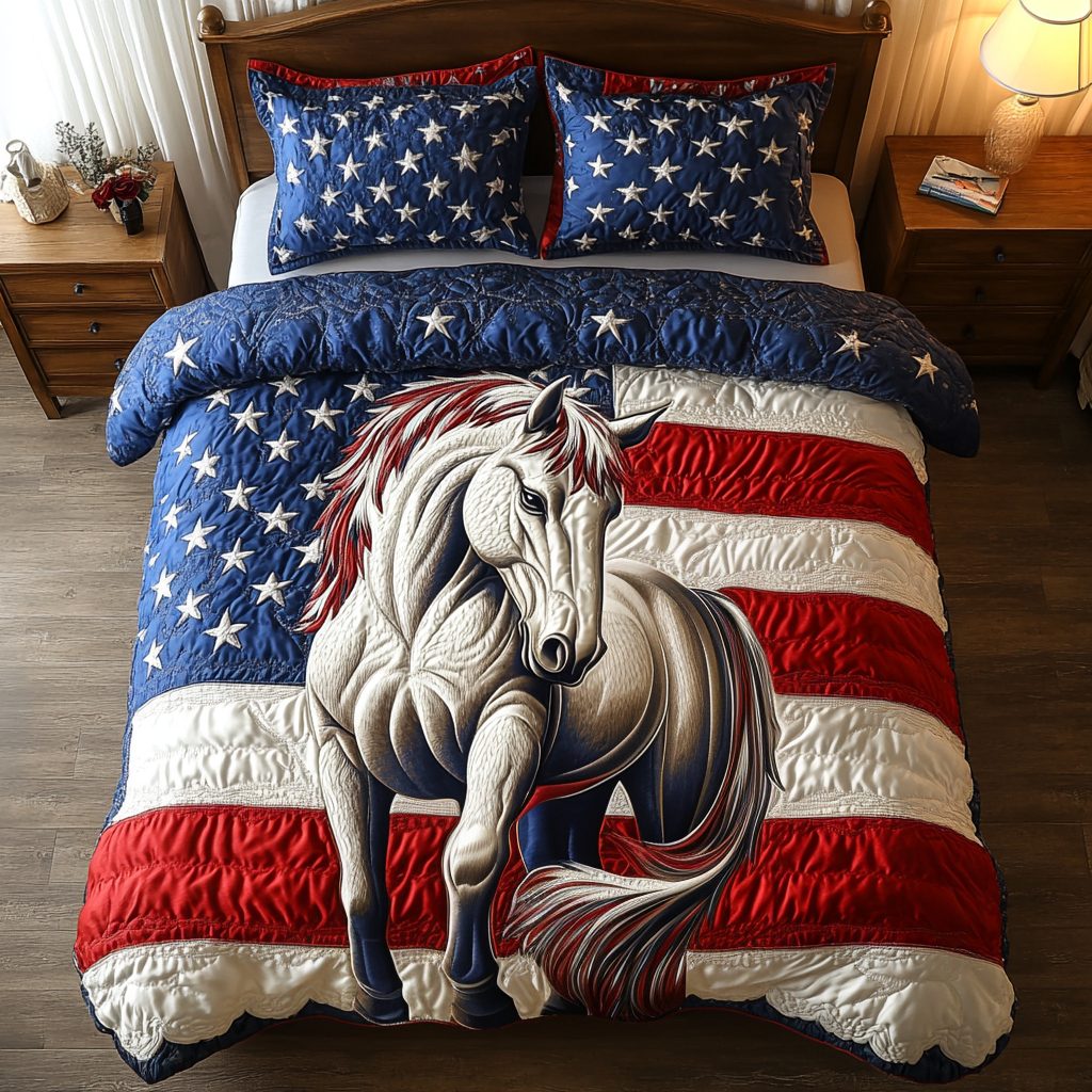 Freedom Stallion quilted 3-piece bedding set on a made bed in a warmly lit bedroom