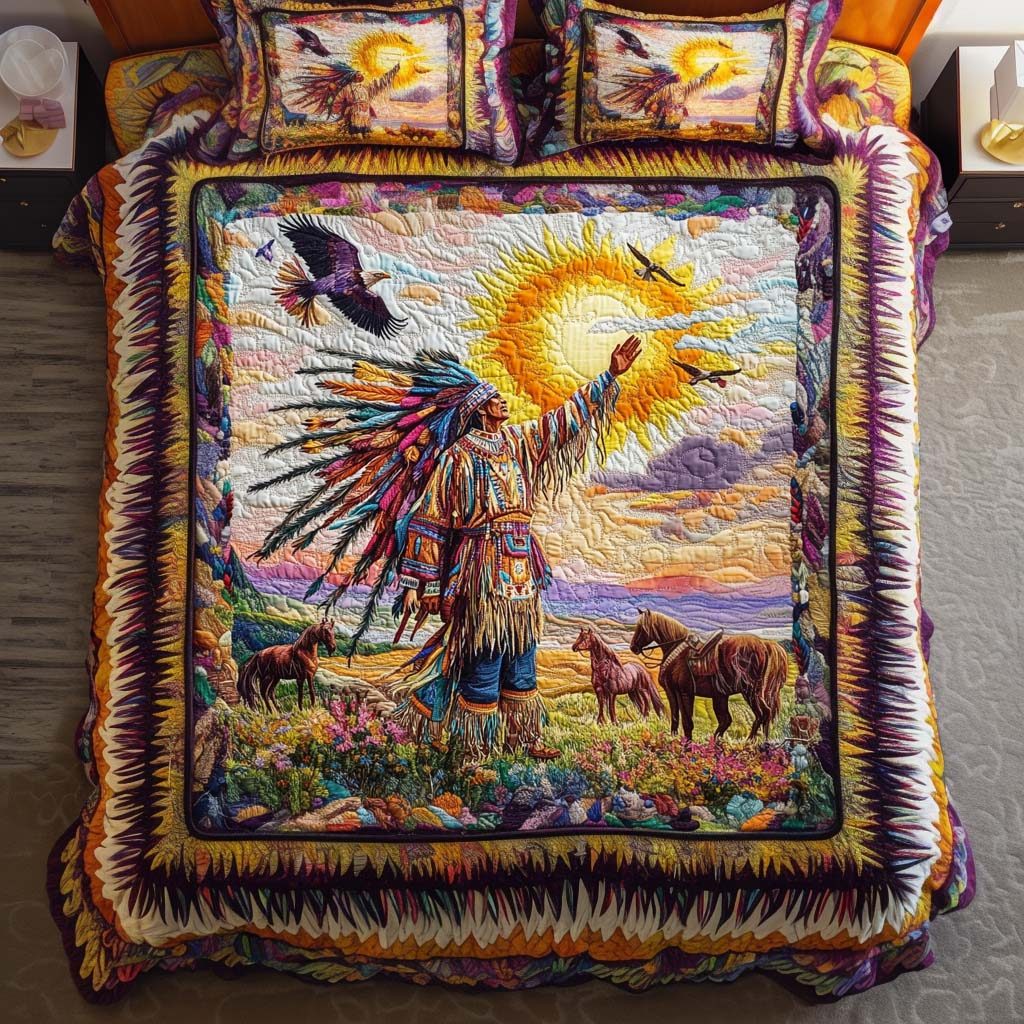 Freedom Steed quilted 3-piece bedding set on a made bed in a warmly lit bedroom
