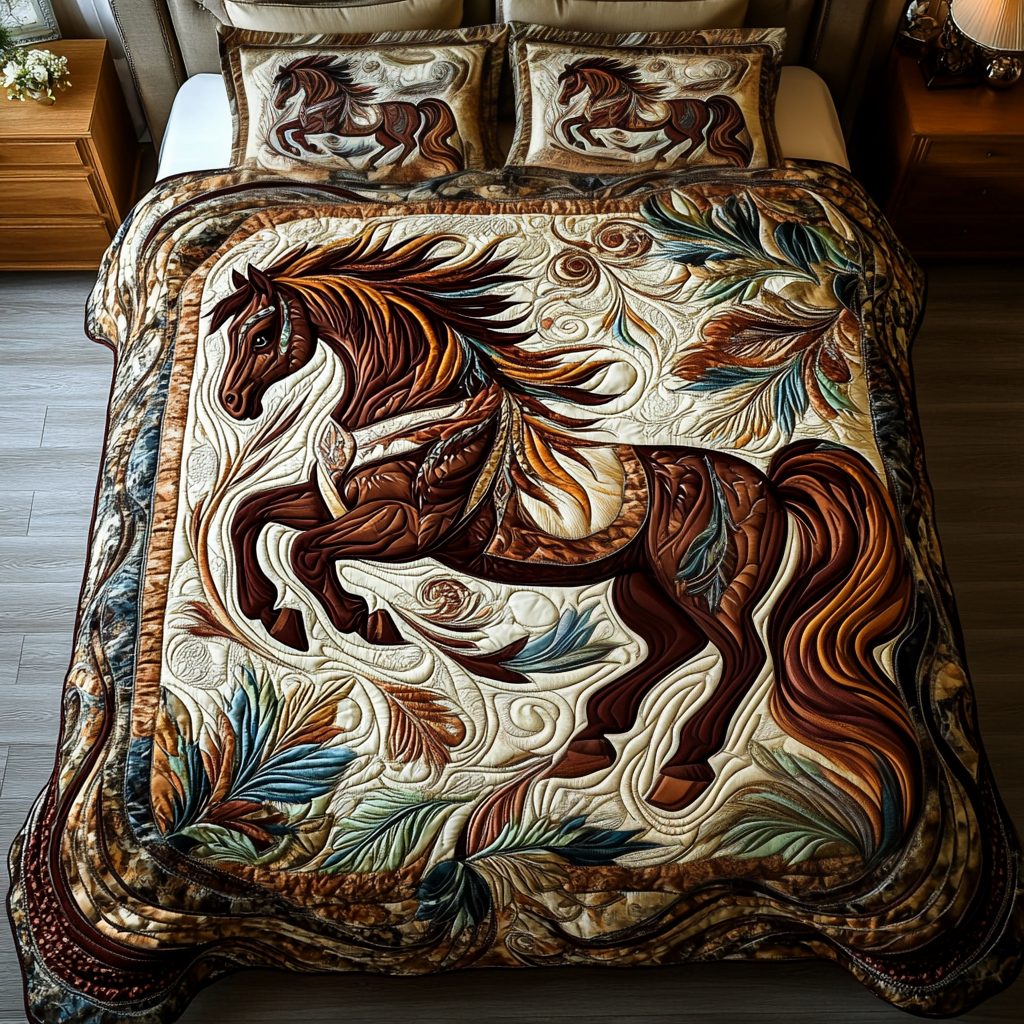 Freedom Stride quilted 3-piece bedding set on a made bed in a warmly lit bedroom
