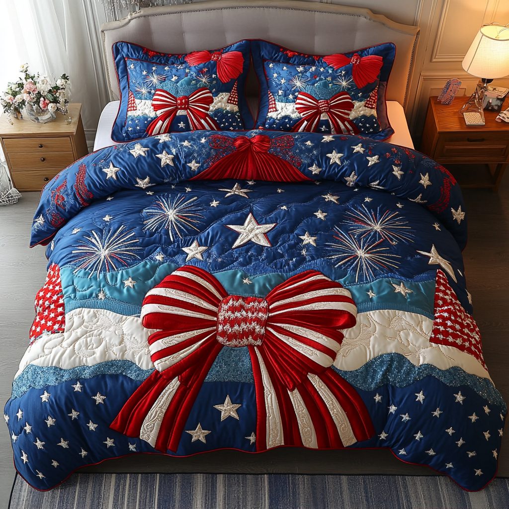 Freedom Ties quilted 3-piece bedding set on a made bed in a warmly lit bedroom
