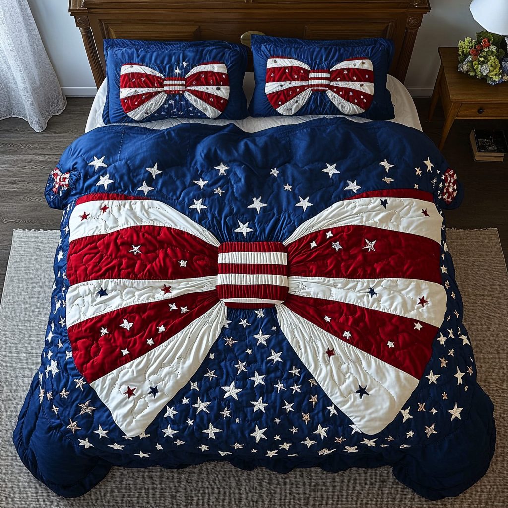 Freedom Ties quilted 3-piece bedding set on a made bed in a warmly lit bedroom