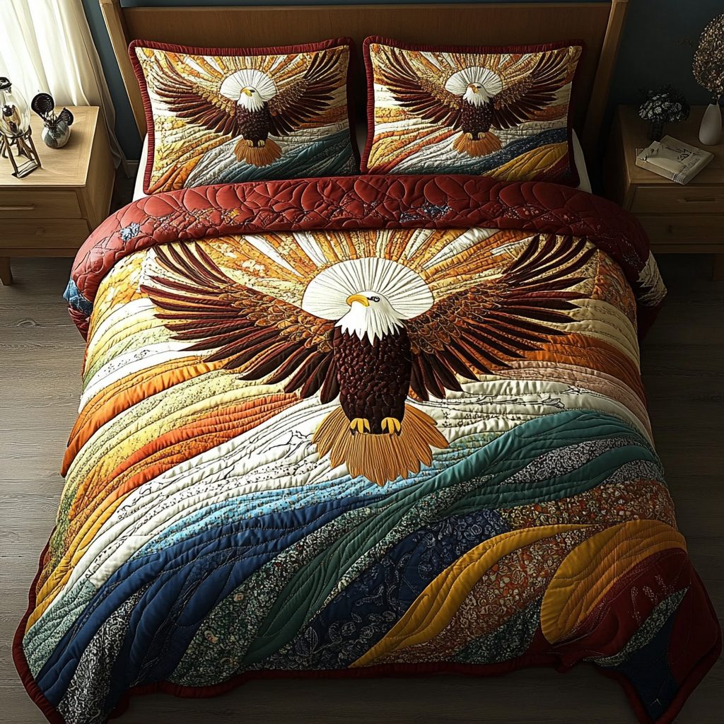Freedom Wings quilted 3-piece bedding set on a made bed in a warmly lit bedroom
