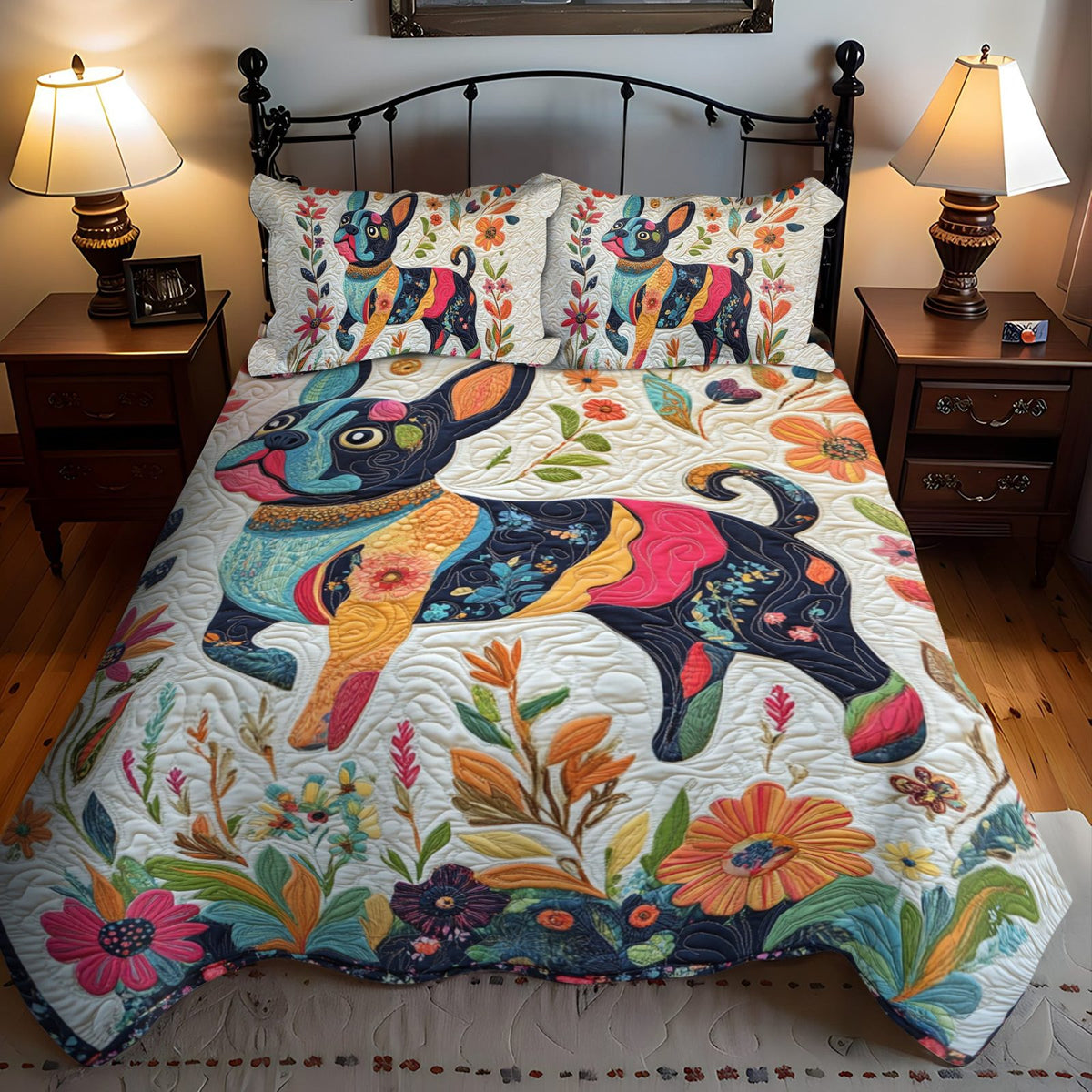 French Bulldog Floral quilted 3-piece bedding set on a made bed with two matching pillow shams