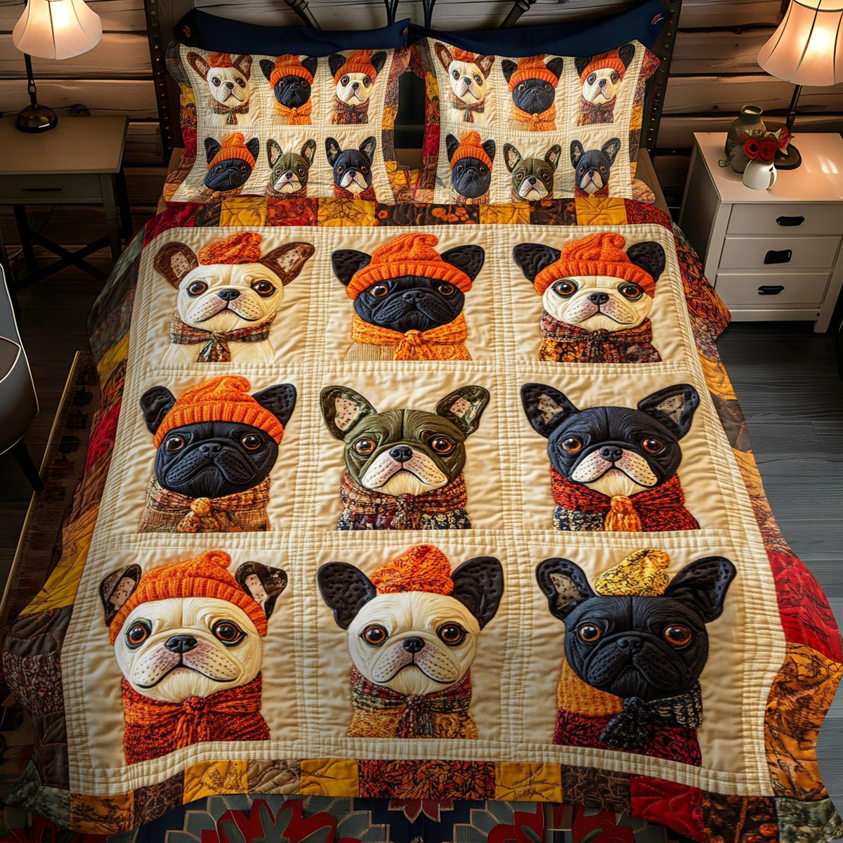 French Bulldog Patterned quilted 3-piece bedding set on a made bed with two matching pillow shams