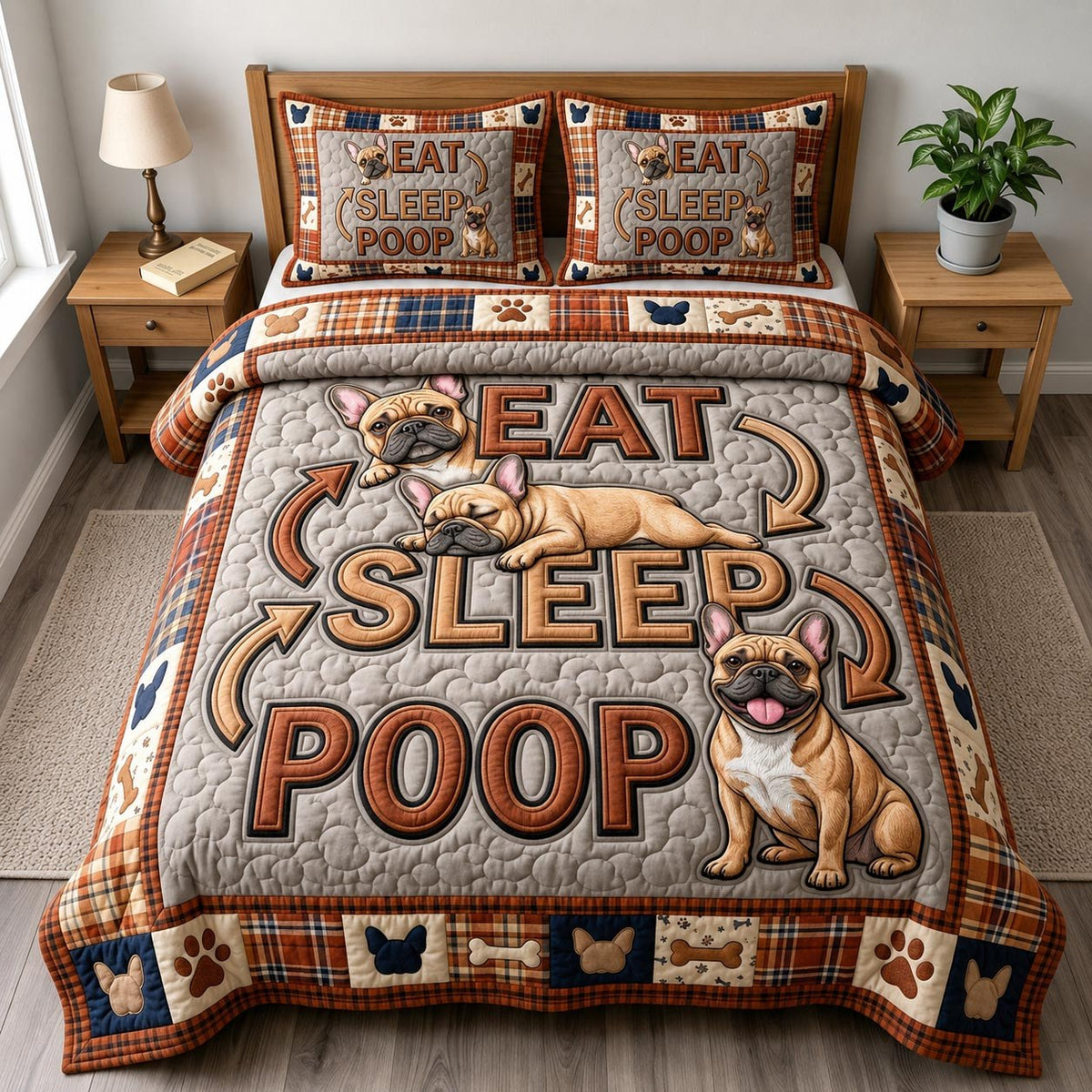 French Bulldog quilted 3-piece bedding set on a made bed with two matching pillow shams