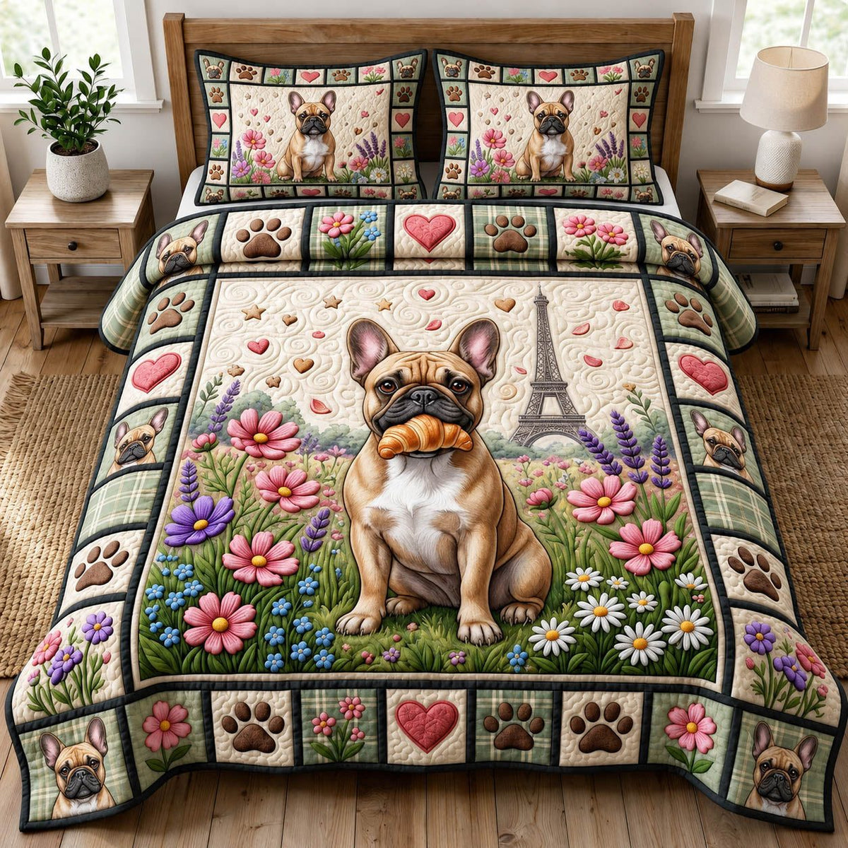 French Bulldog quilted 3-piece bedding set on a made bed with two matching pillow shams