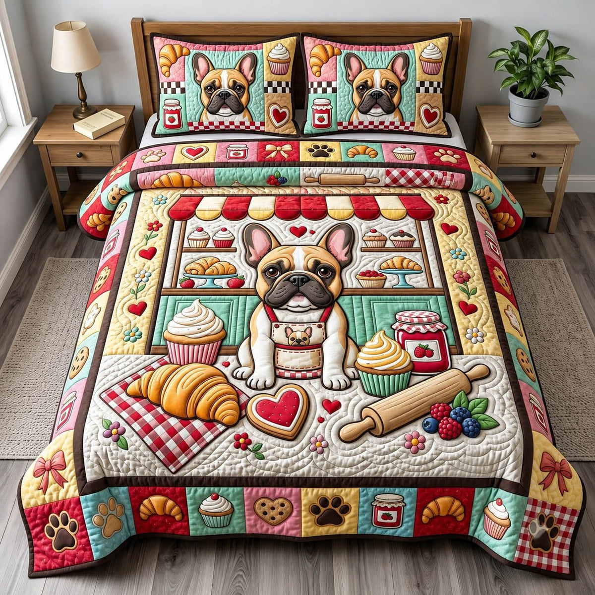 French Bulldog quilted 3-piece bedding set on a made bed with two matching pillow shams