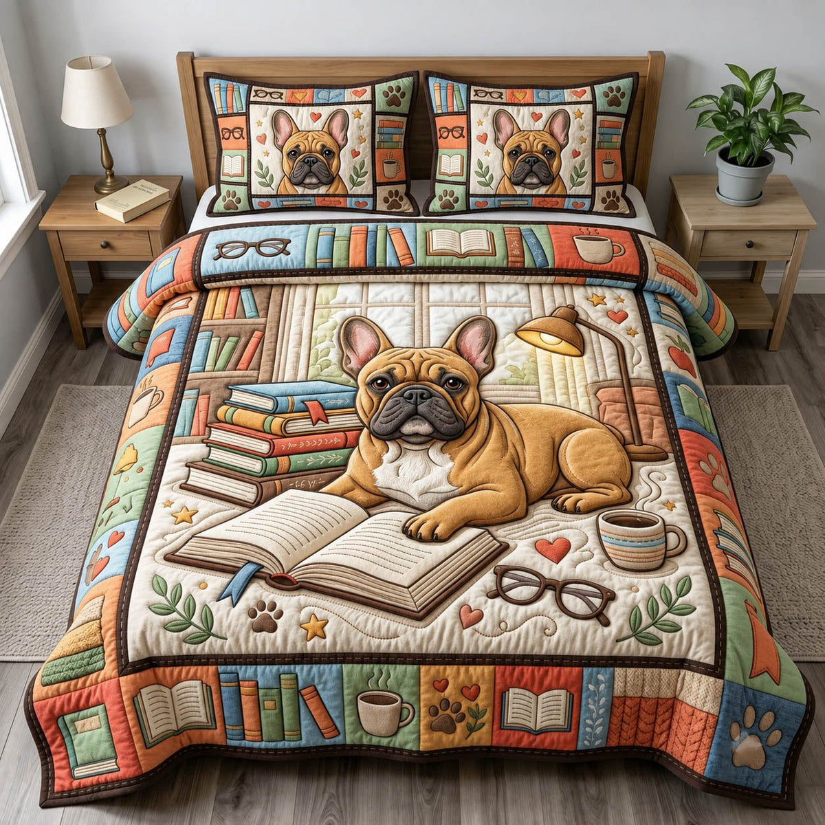 French Bulldog quilted 3-piece bedding set on a made bed with two matching pillow shams