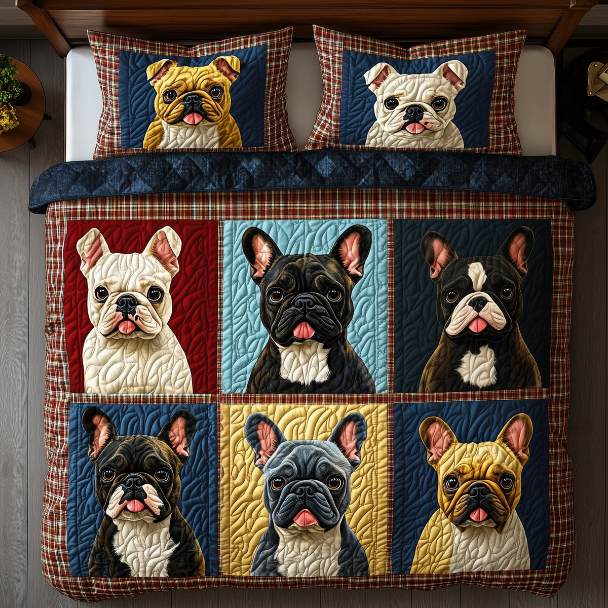 French Bulldog quilted 3-piece bedding set on a made bed with two matching pillow shams