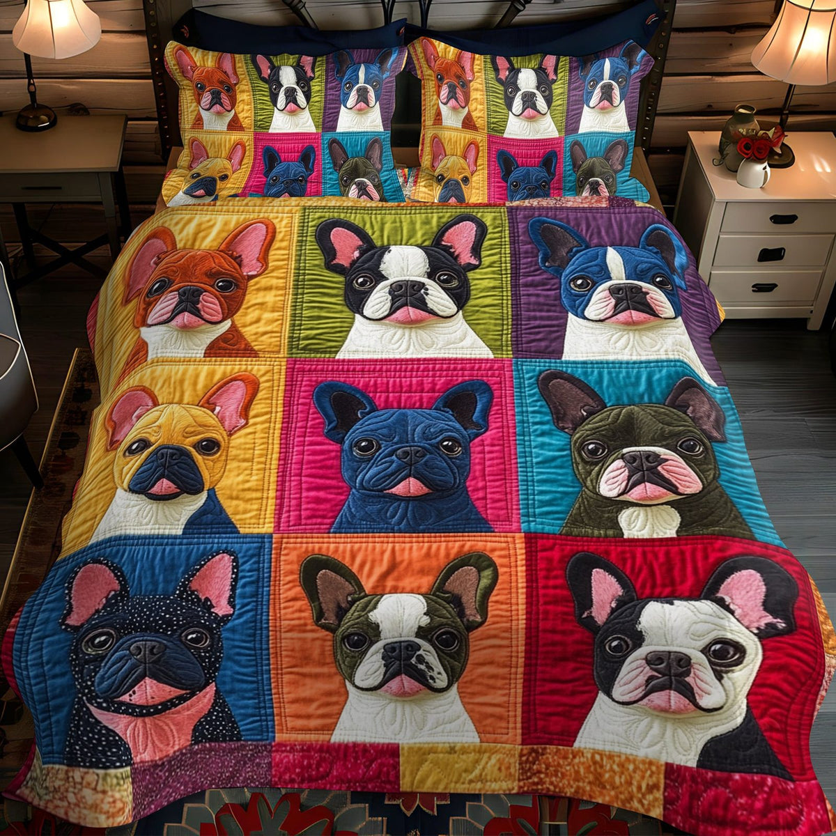 Frenchie Faces Colorful quilted 3-piece bedding set on a made bed with two matching pillow shams