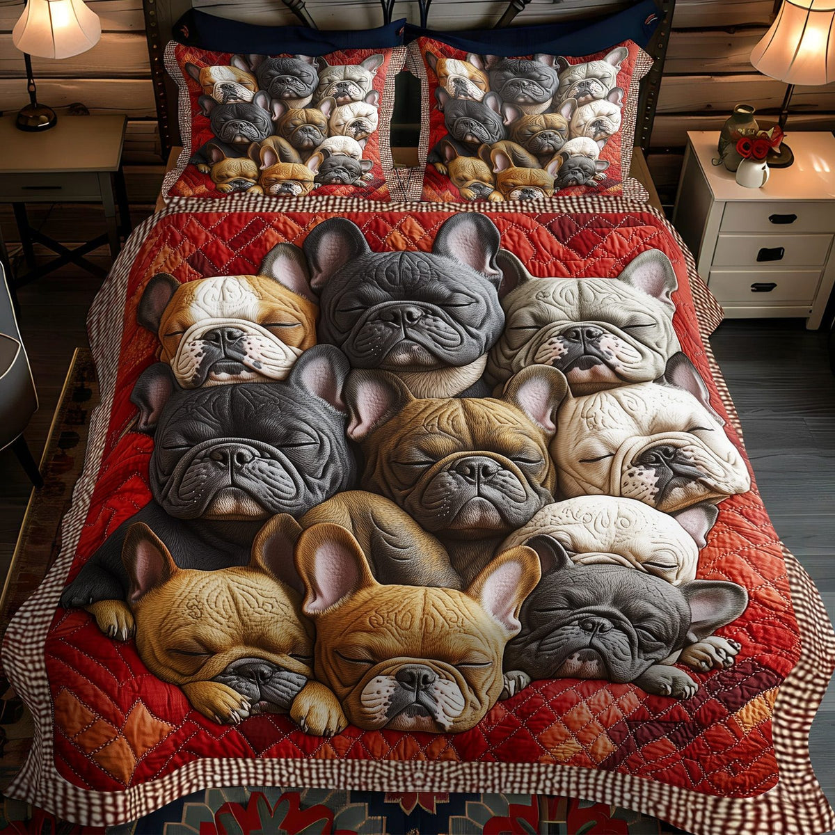 Frenchie Fiesta quilted 3-piece bedding set on a made bed with two matching pillow shams