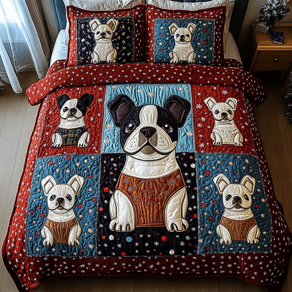 Frenchie Love quilted 3-piece bedding set on a made bed with two matching pillow shams