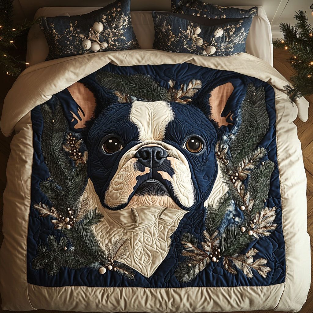 Frenchie Snowy Snuggles quilted 3-piece bedding set on a made bed with two matching pillow shams