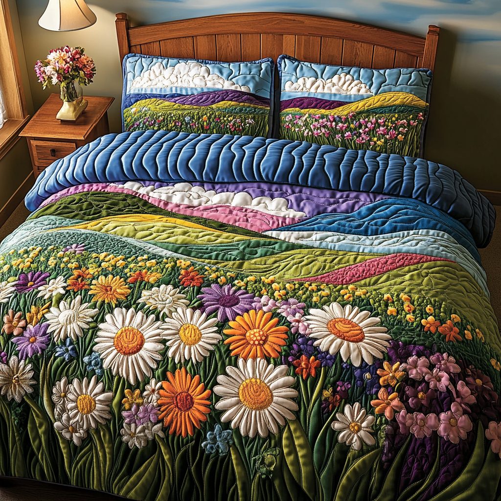 Fresh Blooms quilted 3-piece bedding set on a made bed with two matching pillow shams
