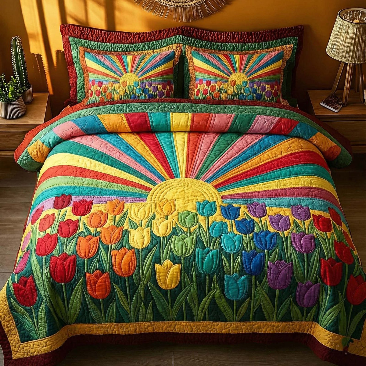 Fresh Blossoms quilted 3-piece bedding set on a made bed with two matching pillow shams