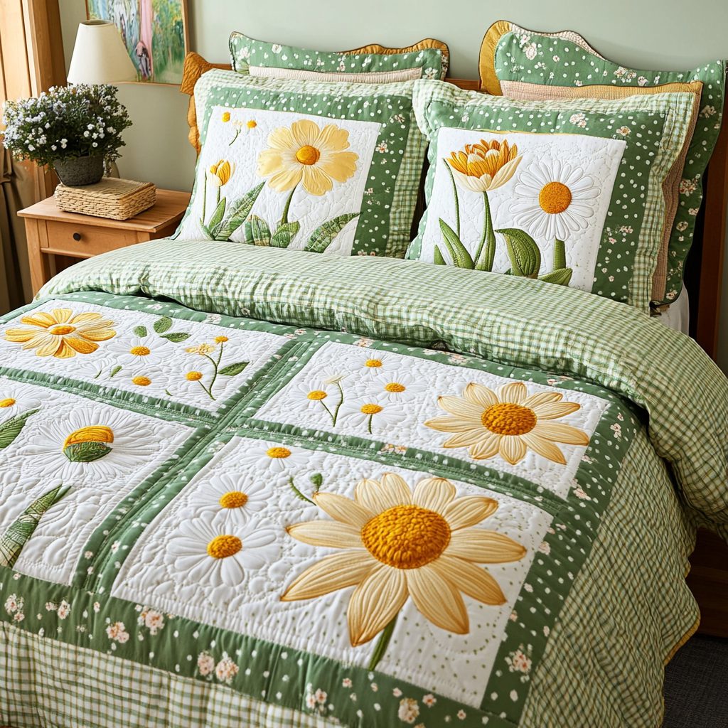 Fresh Florals quilted 3-piece bedding set on a made bed with two matching pillow shams