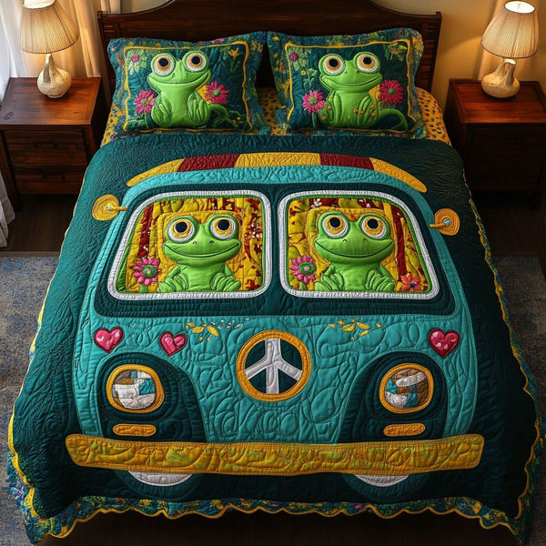 Frog Bus Joyride quilted 3-piece bedding set on a made bed with two matching pillow shams