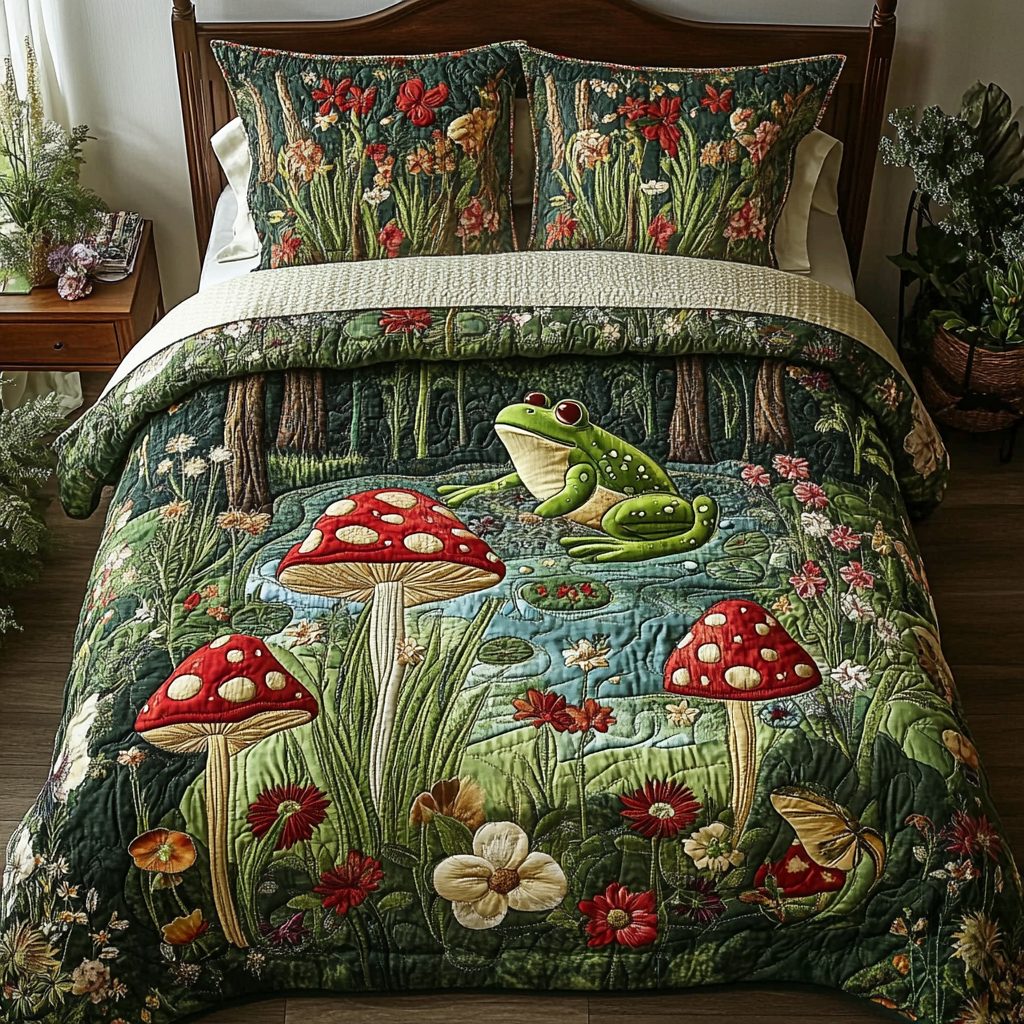 Frog Leap quilted 3-piece bedding set on a made bed with two matching pillow shams
