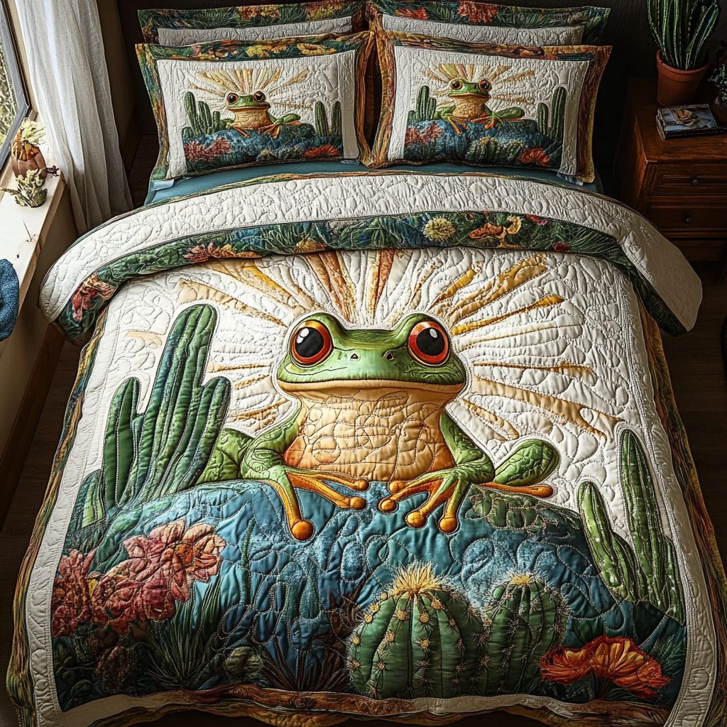 Frog Sand quilted 3-piece bedding set on a made bed with two matching pillow shams