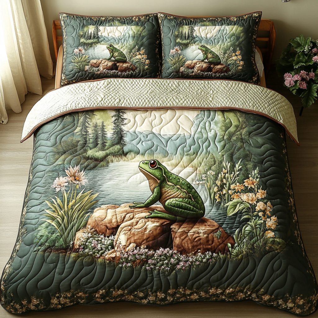 Frog Tales quilted 3-piece bedding set on a made bed with two matching pillow shams