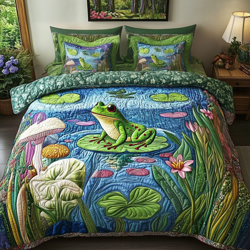 Froggy Dreams quilted 3-piece bedding set on a made bed with two matching pillow shams