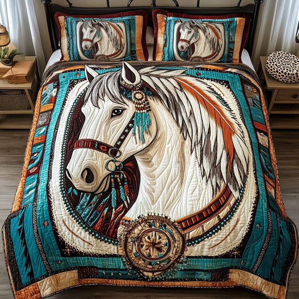 Frontier Beauty quilted 3-piece bedding set on a made bed in a rustic timber bedroom