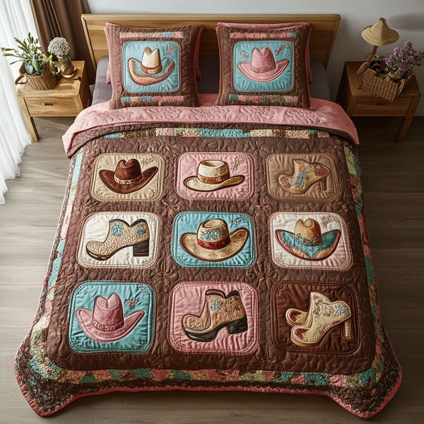 Frontier Heritage quilted 3-piece bedding set on a made bed in a rustic timber bedroom