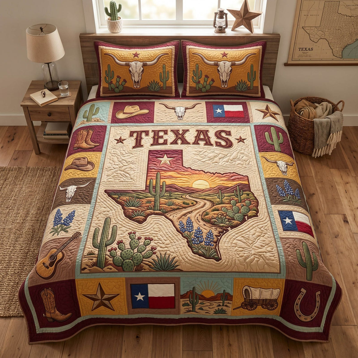 Frontier Pride quilted 3-piece bedding set on a made bed in a rustic timber bedroom