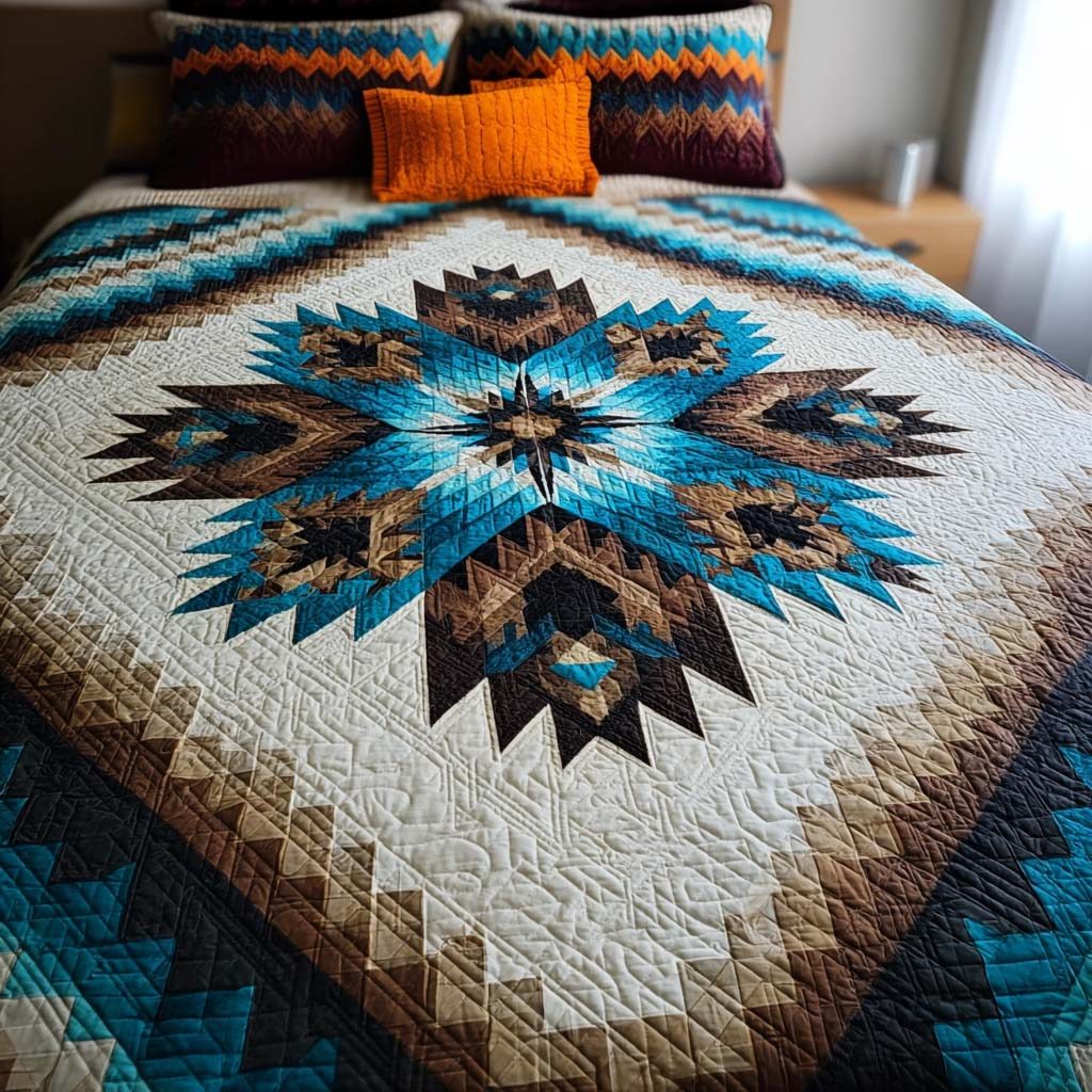 Frontier Starlore quilted 3-piece bedding set on a made bed in a rustic timber bedroom