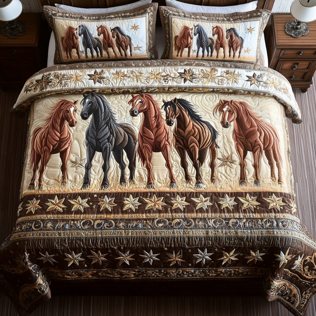 Frontier Steeds quilted 3-piece bedding set on a made bed in a rustic timber bedroom