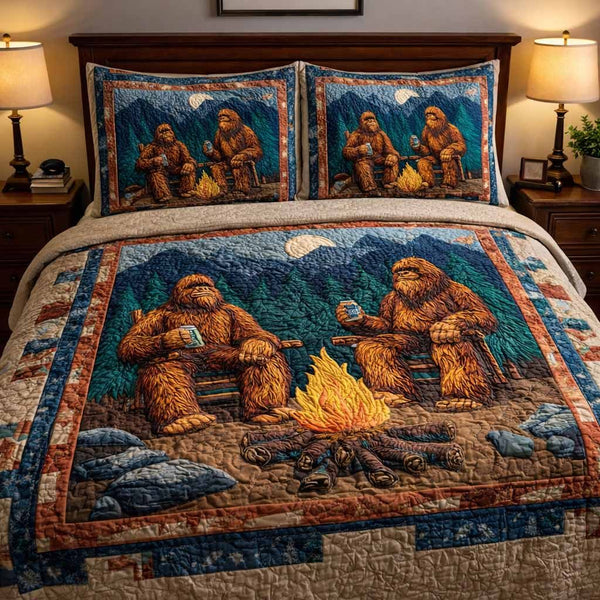 Frontier Tale quilted 3-piece bedding set on a made bed in a rustic timber bedroom