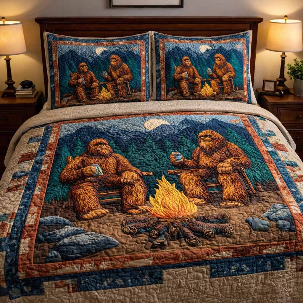 Frontier Tale quilted 3-piece bedding set on a made bed in a rustic timber bedroom