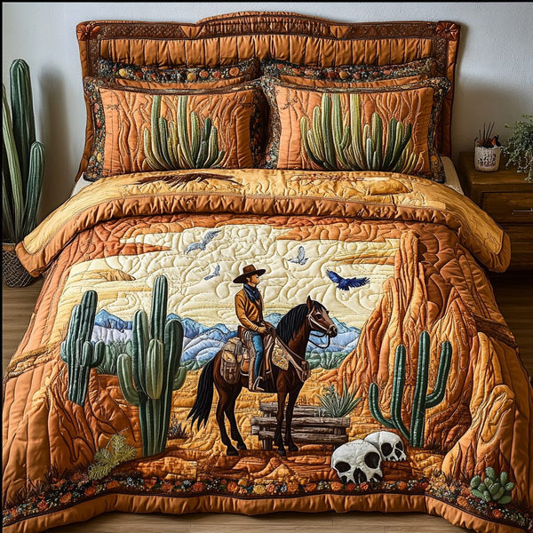 Frontier Trails quilted 3-piece bedding set on a made bed in a rustic timber bedroom