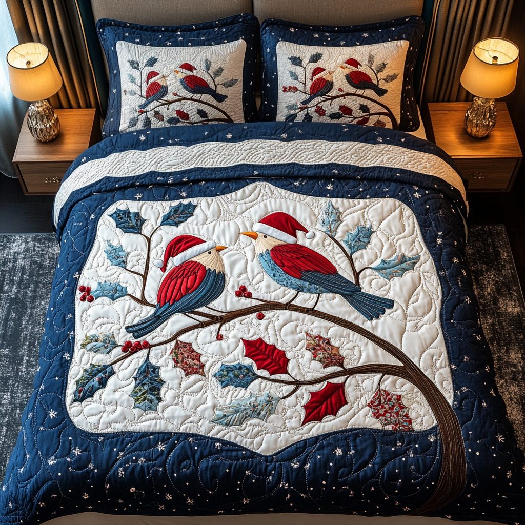 Frost Perch quilted 3-piece bedding set on a made bed in a winter-styled bedroom