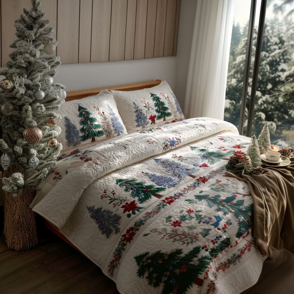 Frost Pine Valley quilted 3-piece bedding set on a made bed in a winter-styled bedroom