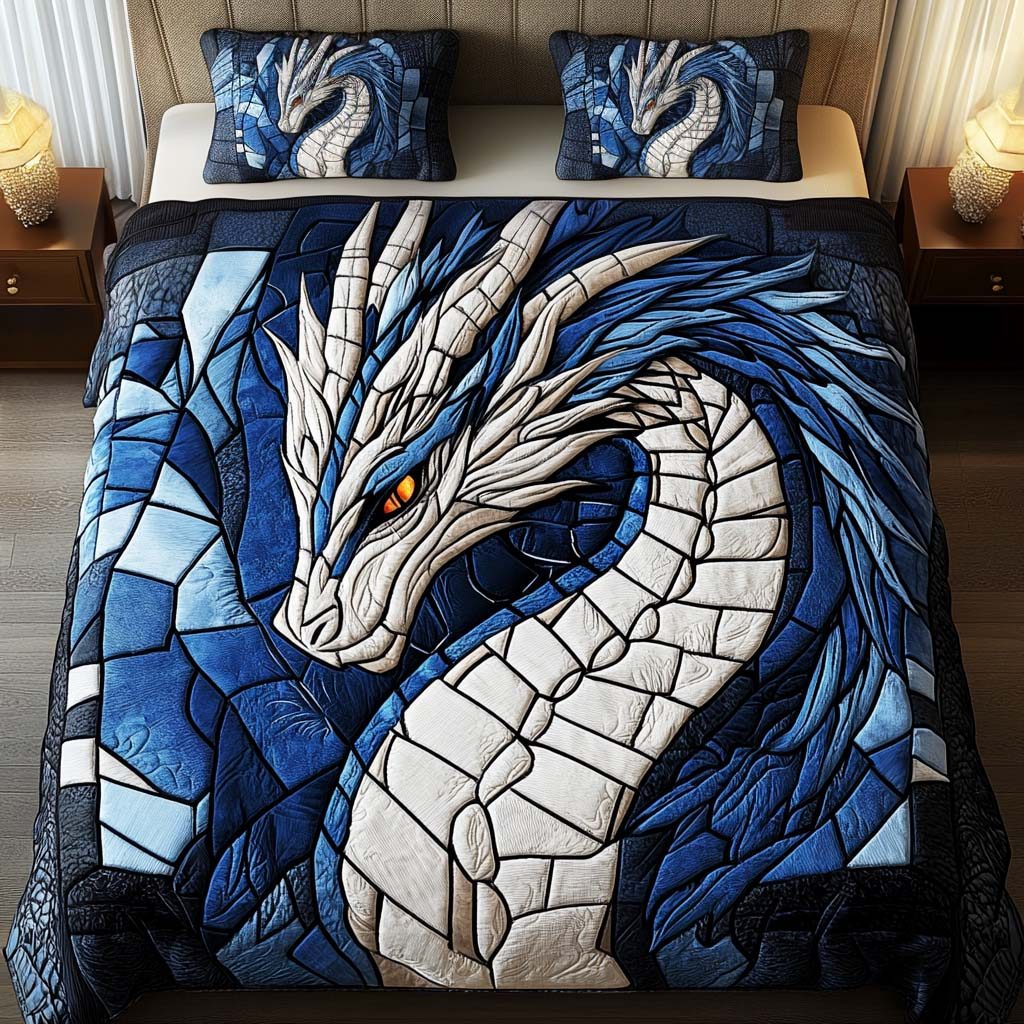 Frost Serpent quilted 3-piece bedding set on a made bed in a winter-styled bedroom