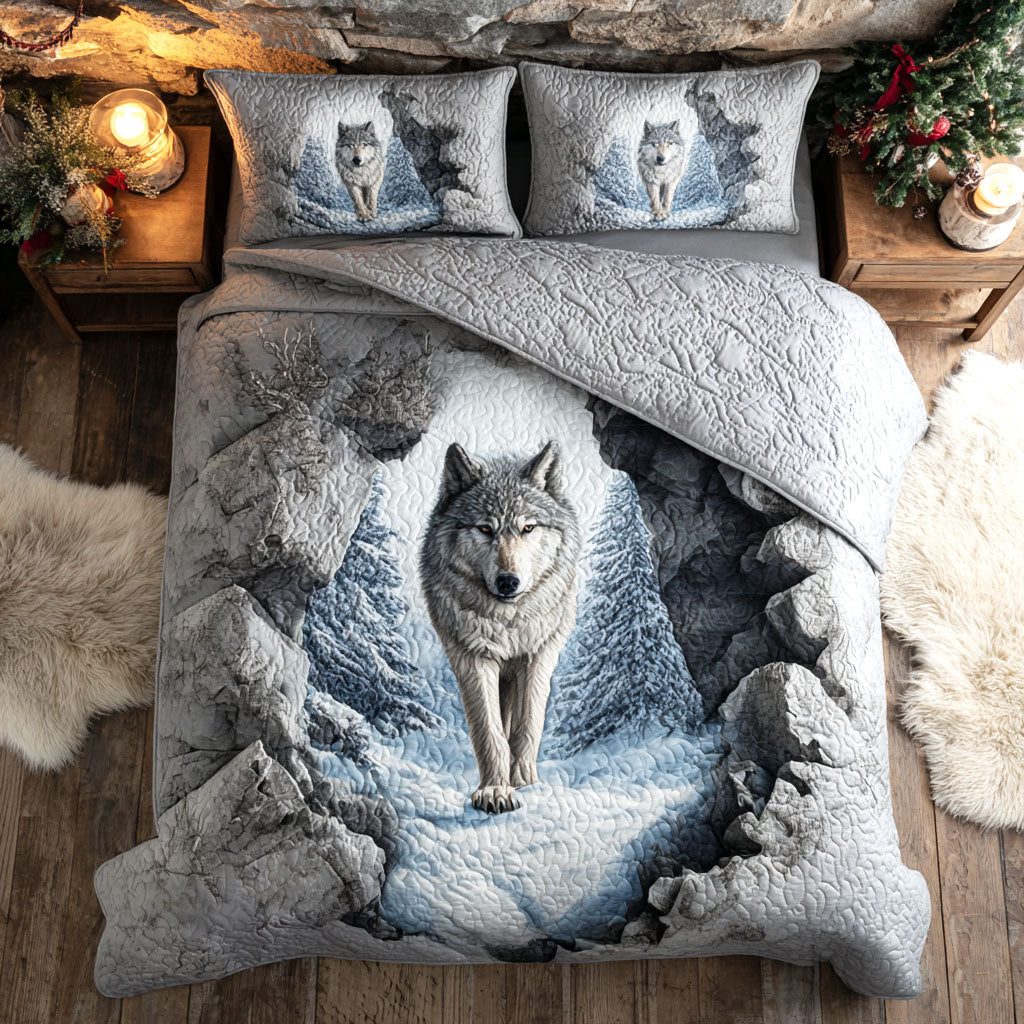Frost Wanderer quilted 3-piece bedding set on a made bed in a winter-styled bedroom