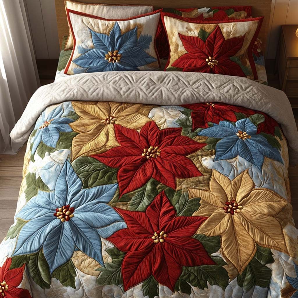 Frosted Elegance quilted 3-piece bedding set on a made bed in a winter-styled bedroom
