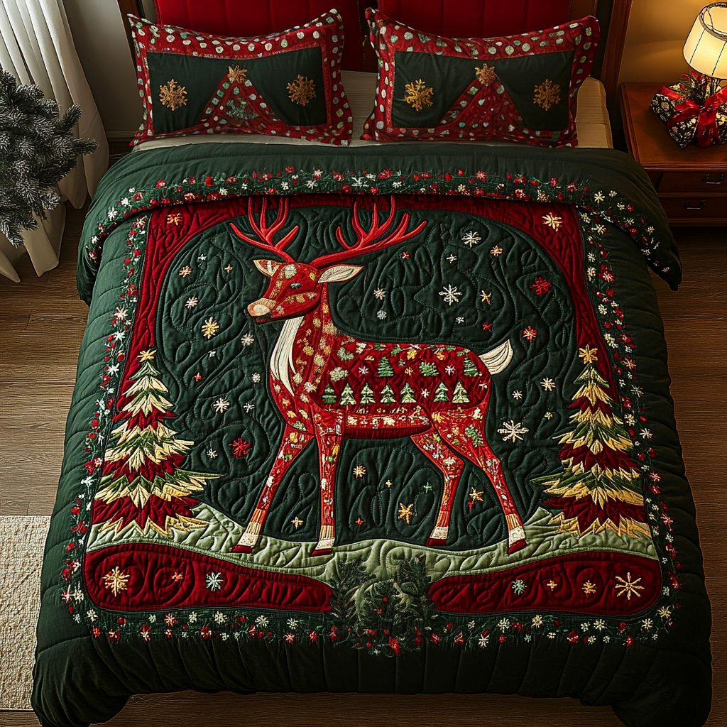 Frosted Forest quilted 3-piece bedding set on a made bed in a winter-styled bedroom