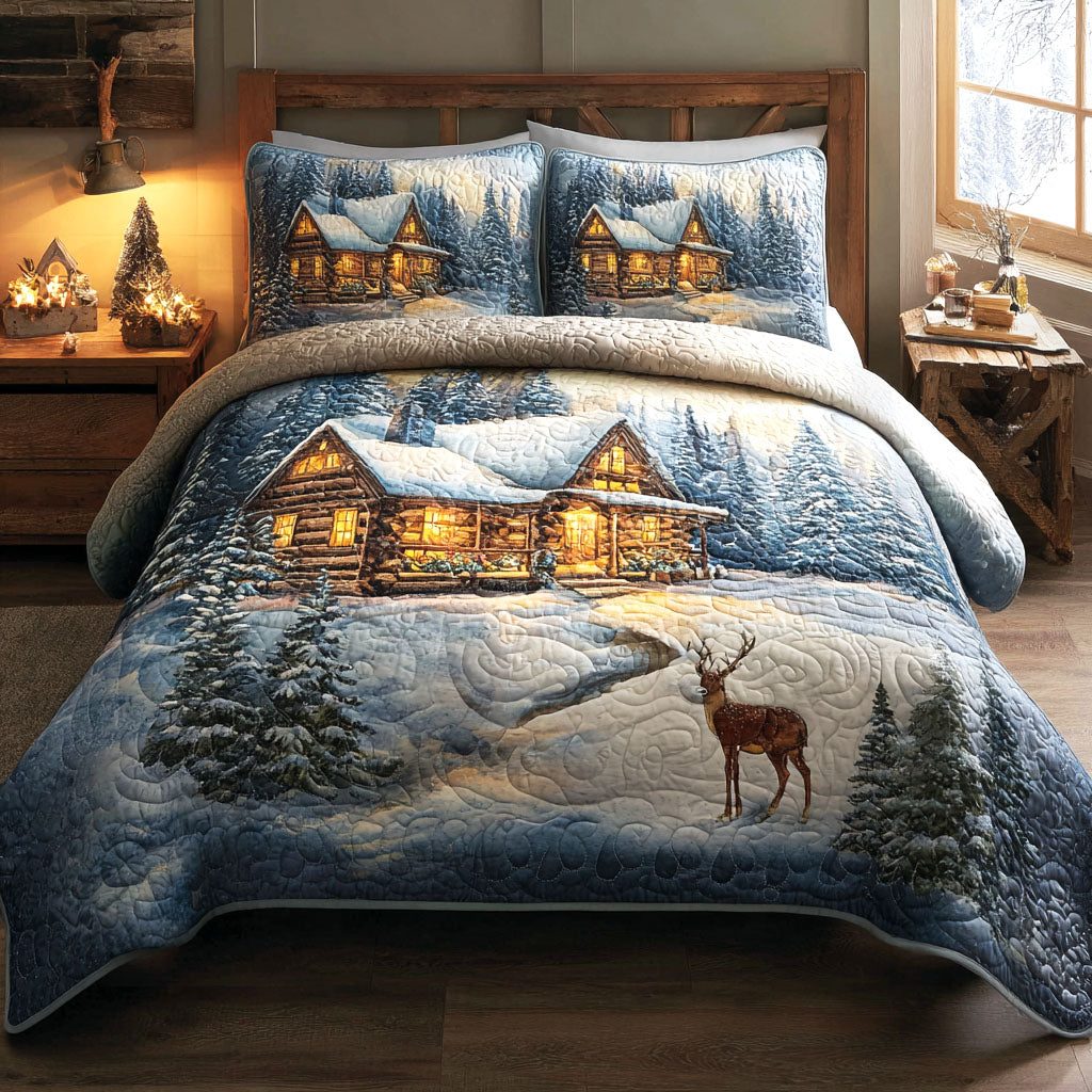 Frosted Haven quilted 3-piece bedding set on a made bed in a winter-styled bedroom